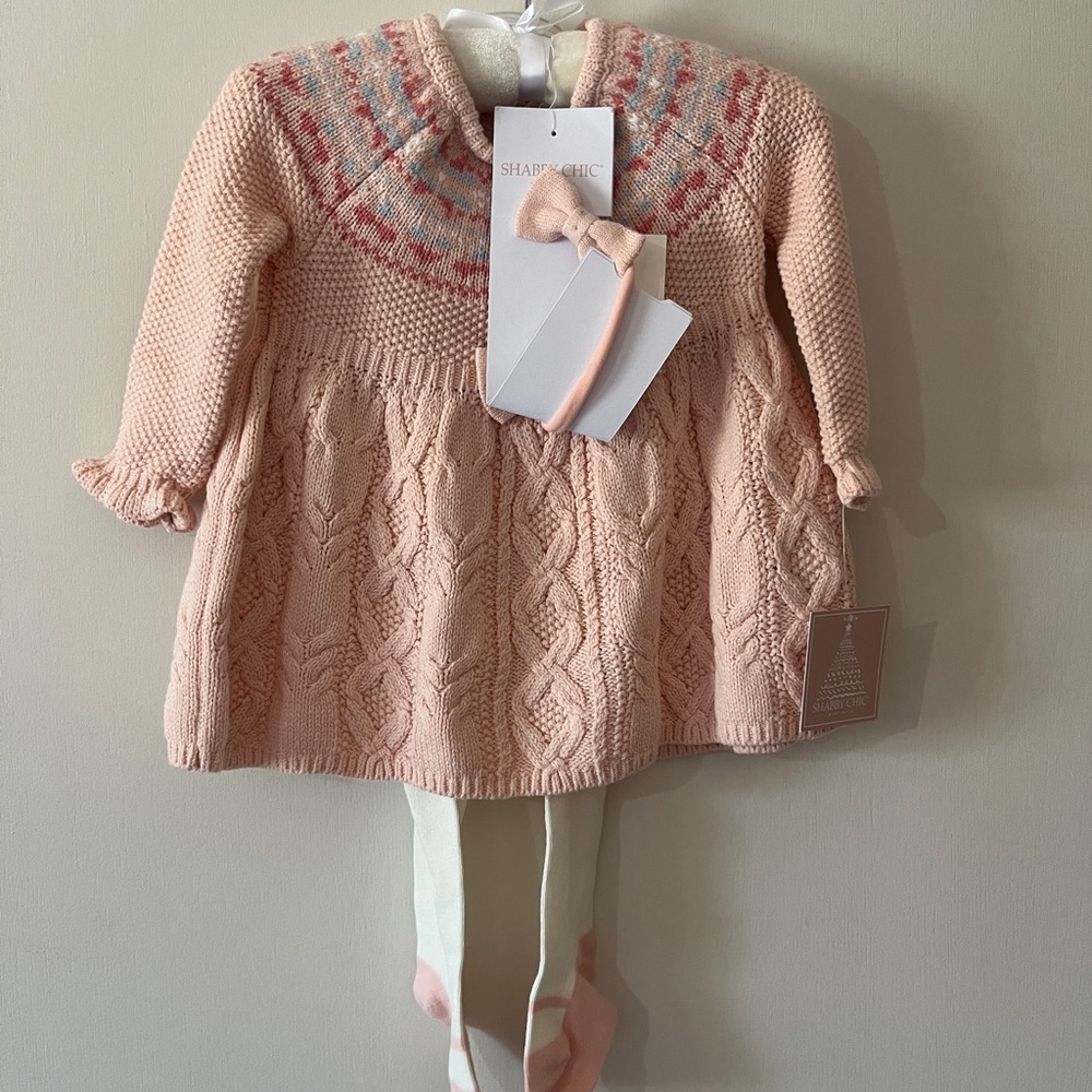 Pink and Green Knit Baby Dresses with Tights Bundle - Picture 2 of 8